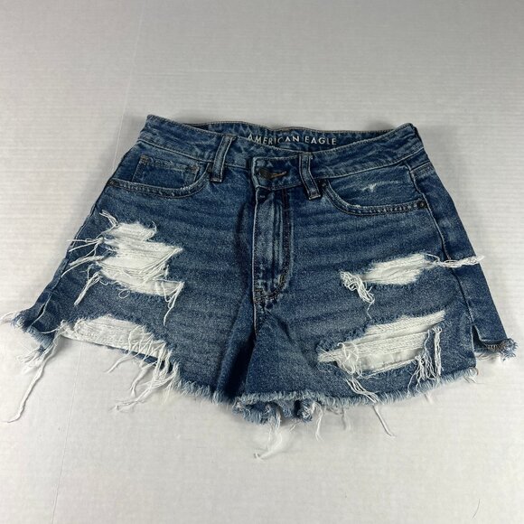 American Eagle Shorts Women's 27* Mom Shorts Blue Cut Off Distressed Denim Tag 2 - Picture 1 of 16